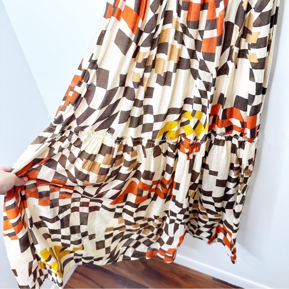 Fate Printed Pocketed Smocked Midi Dress Brown Multi Puffy Sleeves Square Neck M - Picture 15 of 16